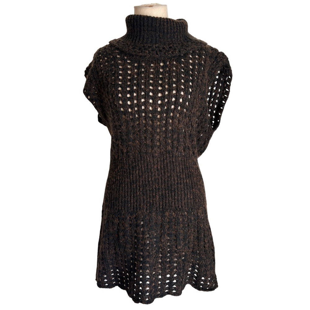 VTG y2k brown black cache chunky knit sweater short sleeve long top dress neck L